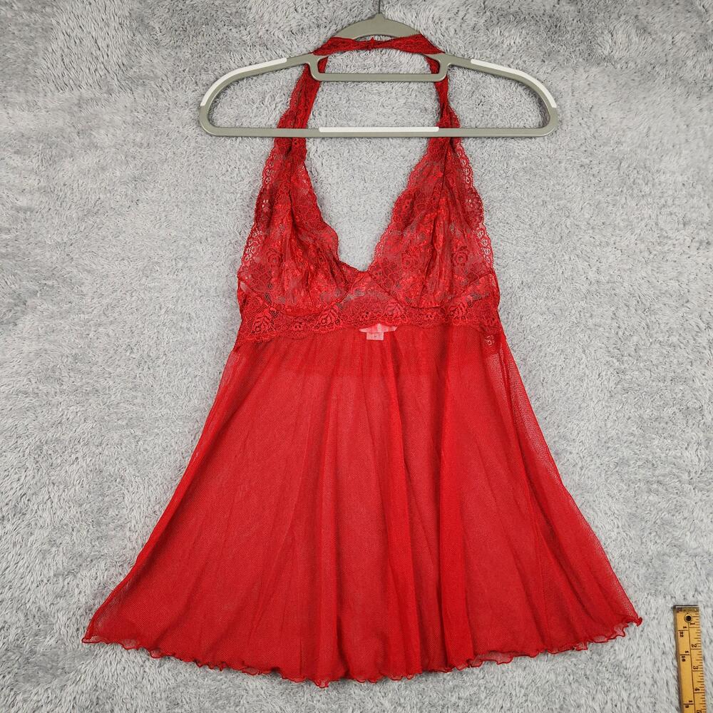Victorias Secret Babydoll Gown Womens Medium Red Lace Mesh Halter Tie Lingerie